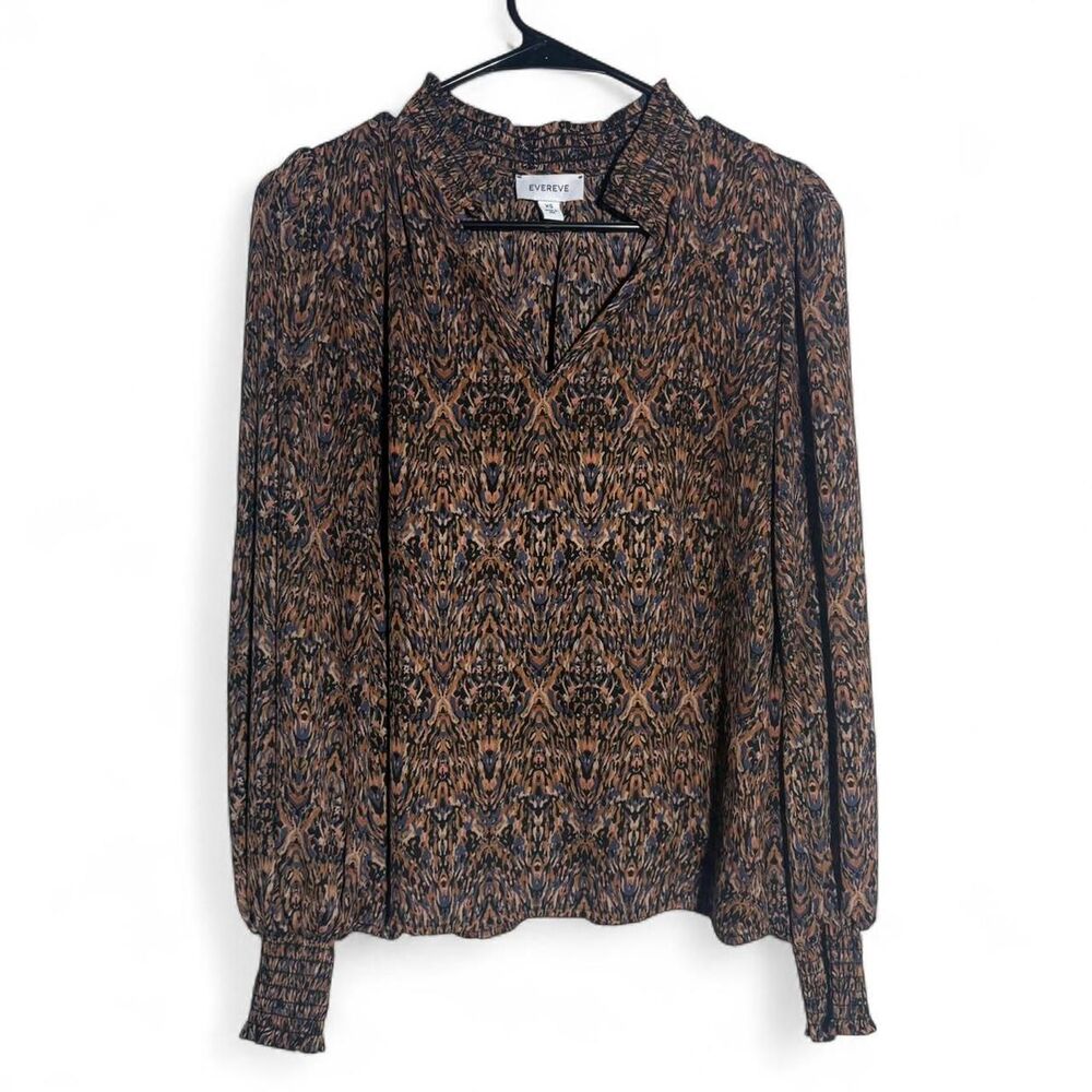 Evereve brown blue black patterned blouse ruched sleeves Size: XS Office Casual